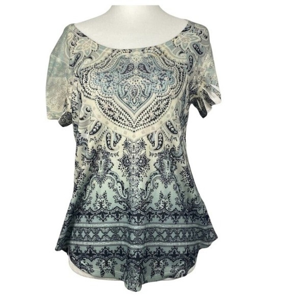 World Unity Blouse Womens Small Short Sleeve Beaded Scoop Neck Ladies Top Casual